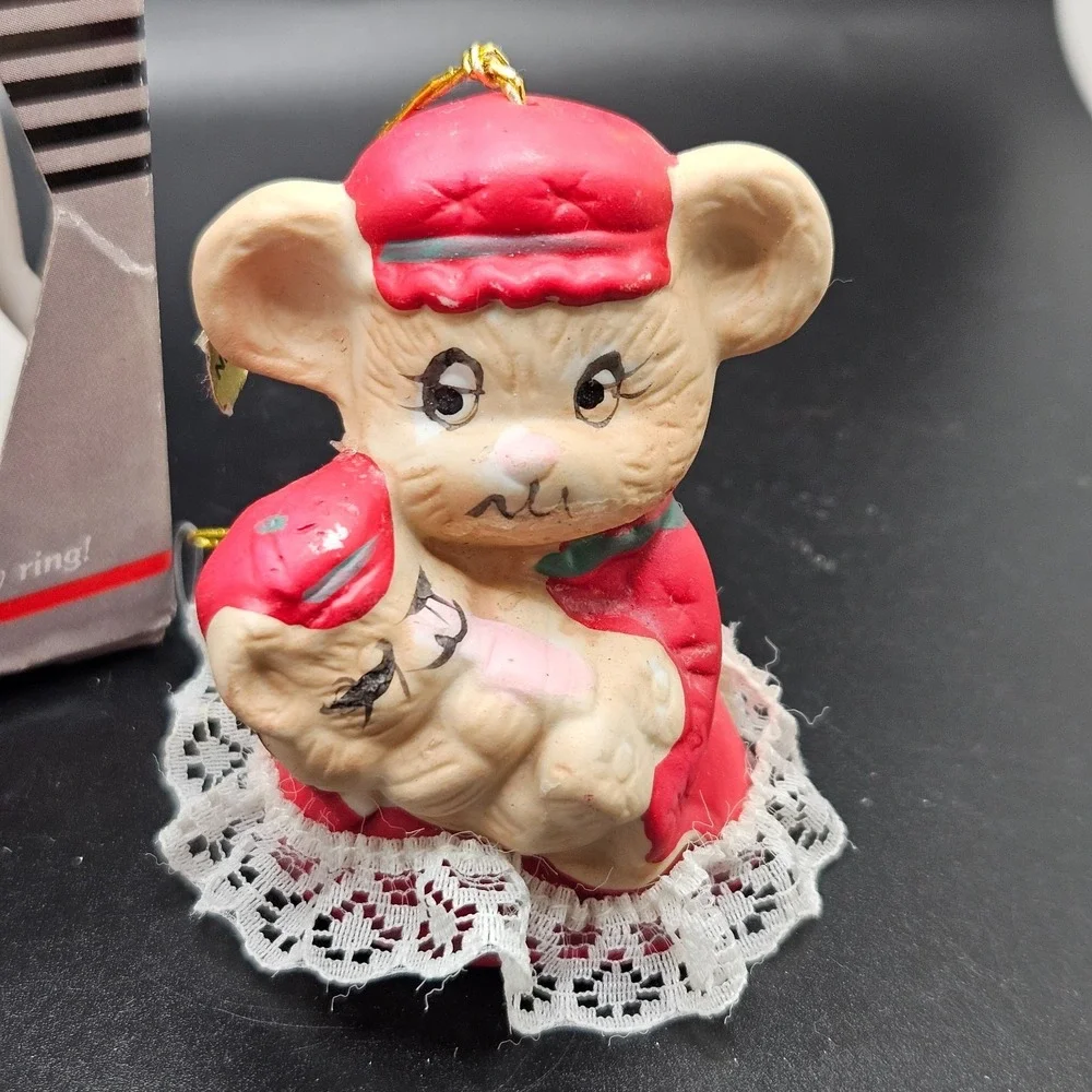 Vintage Chiming Critters Mouse Holding Baby Christmas Ornament Lace Trim 3